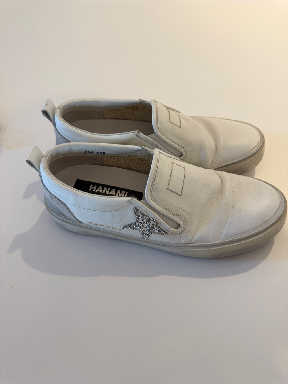 Golden Goose White Slip-On Sneakers with Silver Glitter Star Accent
